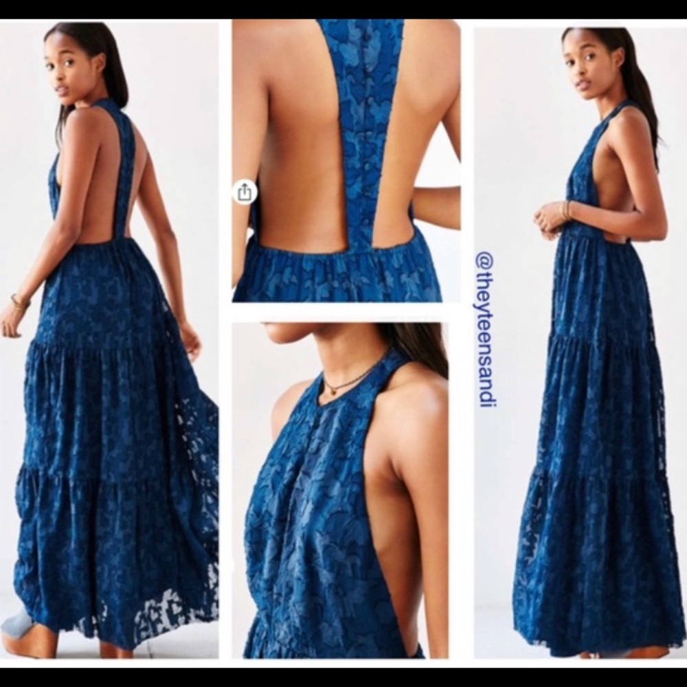 Urban Outfitters Blue Jacquard Maxi Halter Dress